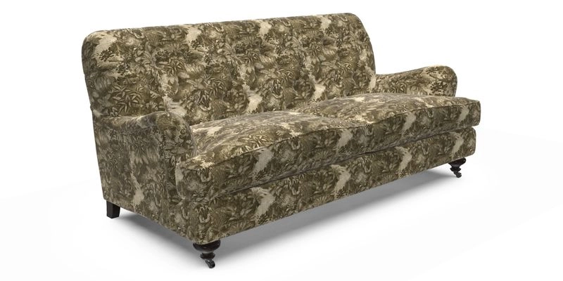 Chiddingfold 3 Seater Sofa in Omega Velvet Tawny Velvet and V&A Threads of India Regal Arabesque Flame with scatters in Sulawesi Splendour Jasper