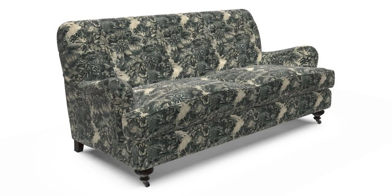 Chiddingfold 3 Seater Sofa in Omega Velvet Tawny Velvet and V&A Threads of India Regal Arabesque Flame with scatters in Sulawesi Splendour Jasper