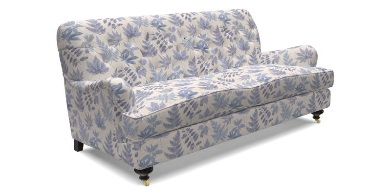 Chiddingfold 3 Seater Sofa in Omega Velvet Tawny Velvet and V&A Threads of India Regal Arabesque Flame with scatters in Sulawesi Splendour Jasper