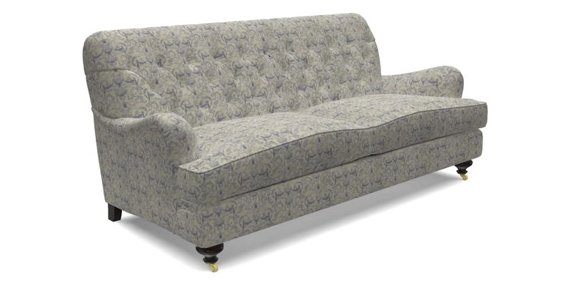 Chiddingfold 3 Seater Sofa in Omega Velvet Tawny Velvet and V&A Threads of India Regal Arabesque Flame with scatters in Sulawesi Splendour Jasper