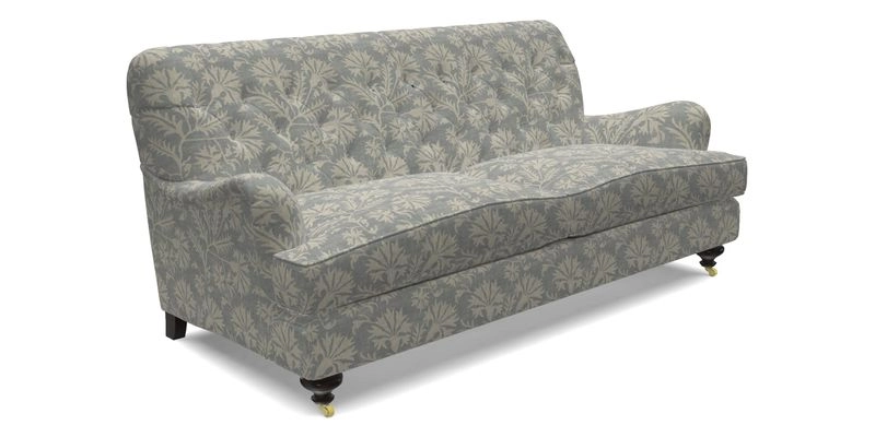 Chiddingfold 3 Seater Sofa in Omega Velvet Tawny Velvet and V&A Threads of India Regal Arabesque Flame with scatters in Sulawesi Splendour Jasper