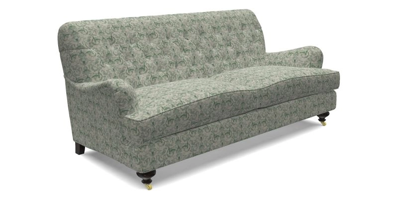 Chiddingfold 3 Seater Sofa in Omega Velvet Tawny Velvet and V&A Threads of India Regal Arabesque Flame with scatters in Sulawesi Splendour Jasper