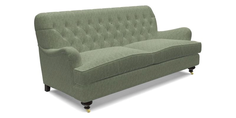 Chiddingfold 3 Seater Sofa in Omega Velvet Tawny Velvet and V&A Threads of India Regal Arabesque Flame with scatters in Sulawesi Splendour Jasper