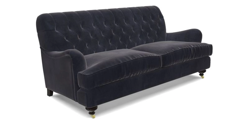 Chiddingfold 3 Seater Sofa in Omega Velvet Tawny Velvet and V&A Threads of India Regal Arabesque Flame with scatters in Sulawesi Splendour Jasper