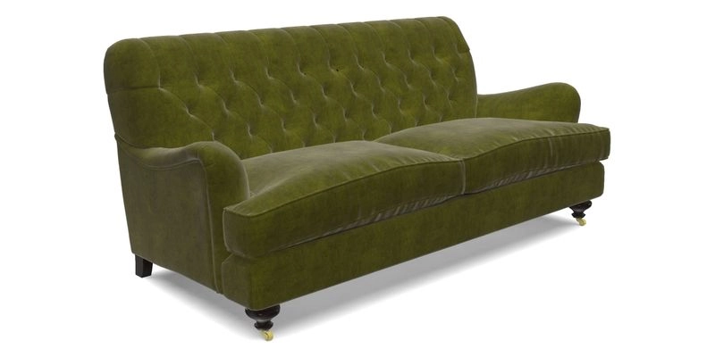 Chiddingfold 3 Seater Sofa in Omega Velvet Tawny Velvet and V&A Threads of India Regal Arabesque Flame with scatters in Sulawesi Splendour Jasper