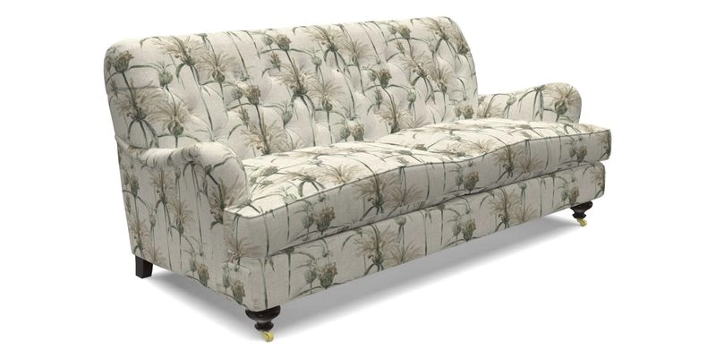 Chiddingfold 3 Seater Sofa in Omega Velvet Tawny Velvet and V&A Threads of India Regal Arabesque Flame with scatters in Sulawesi Splendour Jasper