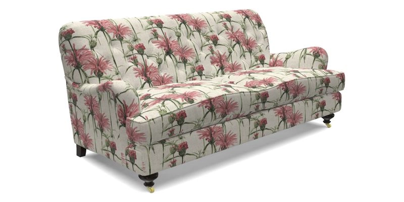 Chiddingfold 3 Seater Sofa in Omega Velvet Tawny Velvet and V&A Threads of India Regal Arabesque Flame with scatters in Sulawesi Splendour Jasper