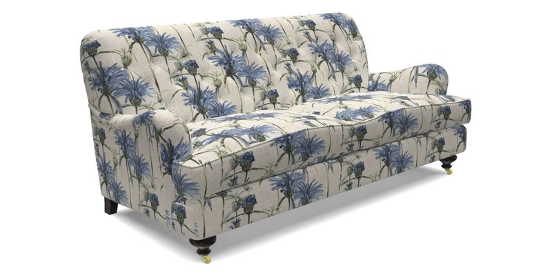 Chiddingfold 3 Seater Sofa in Omega Velvet Tawny Velvet and V&A Threads of India Regal Arabesque Flame with scatters in Sulawesi Splendour Jasper