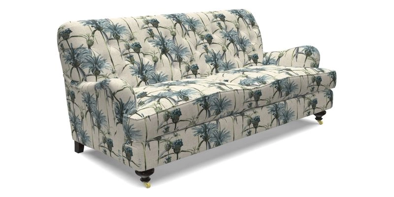 Chiddingfold 3 Seater Sofa in Omega Velvet Tawny Velvet and V&A Threads of India Regal Arabesque Flame with scatters in Sulawesi Splendour Jasper