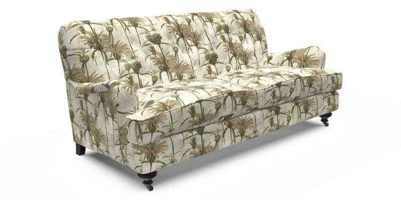 Chiddingfold 3 Seater Sofa in Omega Velvet Tawny Velvet and V&A Threads of India Regal Arabesque Flame with scatters in Sulawesi Splendour Jasper