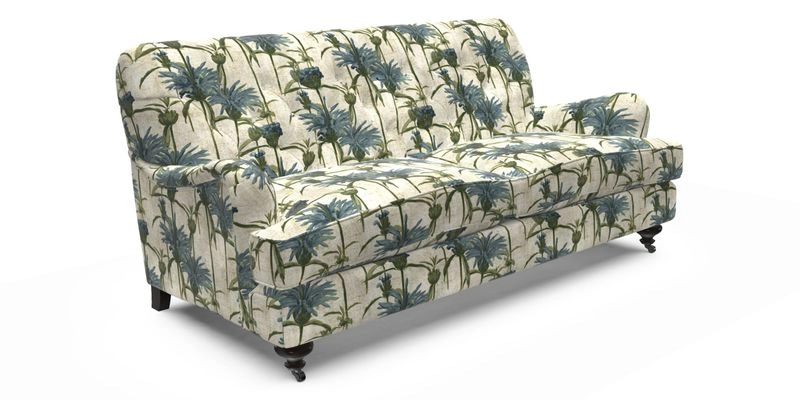 Chiddingfold 3 Seater Sofa in Omega Velvet Tawny Velvet and V&A Threads of India Regal Arabesque Flame with scatters in Sulawesi Splendour Jasper