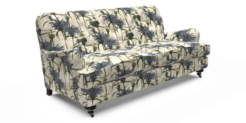 Chiddingfold 3 Seater Sofa in Omega Velvet Tawny Velvet and V&A Threads of India Regal Arabesque Flame with scatters in Sulawesi Splendour Jasper