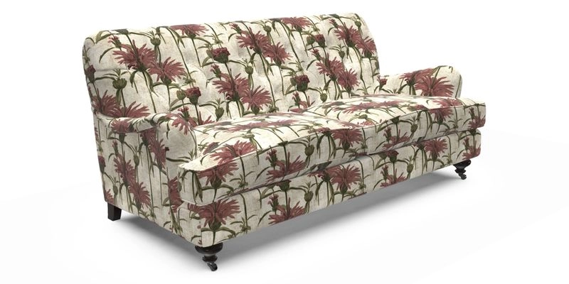 Chiddingfold 3 Seater Sofa in Omega Velvet Tawny Velvet and V&A Threads of India Regal Arabesque Flame with scatters in Sulawesi Splendour Jasper