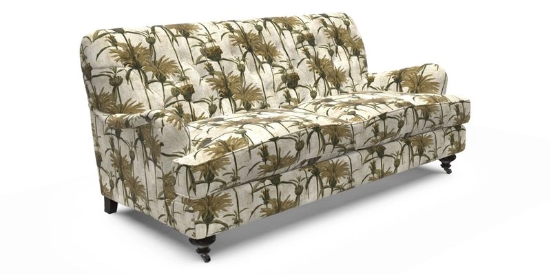 Chiddingfold 3 Seater Sofa in Omega Velvet Tawny Velvet and V&A Threads of India Regal Arabesque Flame with scatters in Sulawesi Splendour Jasper