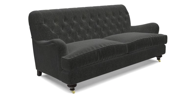 Chiddingfold 3 Seater Sofa in Omega Velvet Tawny Velvet and V&A Threads of India Regal Arabesque Flame with scatters in Sulawesi Splendour Jasper