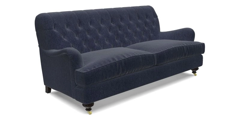 Chiddingfold 3 Seater Sofa in Omega Velvet Tawny Velvet and V&A Threads of India Regal Arabesque Flame with scatters in Sulawesi Splendour Jasper