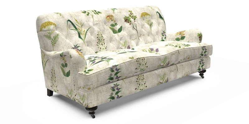 Chiddingfold 3 Seater Sofa in Omega Velvet Tawny Velvet and V&A Threads of India Regal Arabesque Flame with scatters in Sulawesi Splendour Jasper