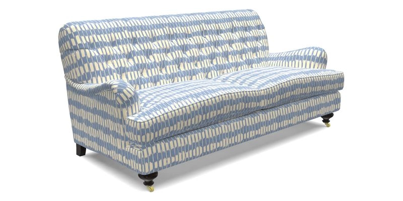 Chiddingfold 3 Seater Sofa in Omega Velvet Tawny Velvet and V&A Threads of India Regal Arabesque Flame with scatters in Sulawesi Splendour Jasper