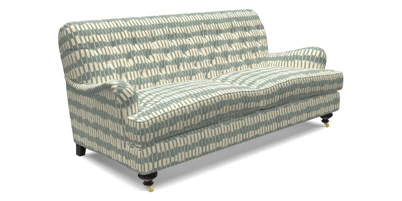 Chiddingfold 3 Seater Sofa in Omega Velvet Tawny Velvet and V&A Threads of India Regal Arabesque Flame with scatters in Sulawesi Splendour Jasper