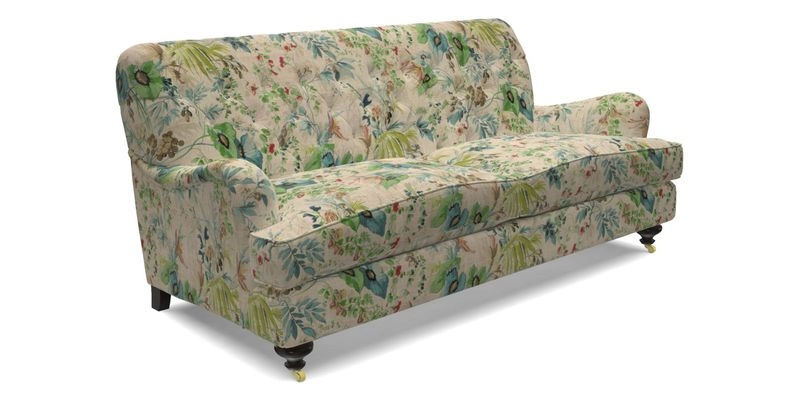 Chiddingfold 3 Seater Sofa in Omega Velvet Tawny Velvet and V&A Threads of India Regal Arabesque Flame with scatters in Sulawesi Splendour Jasper