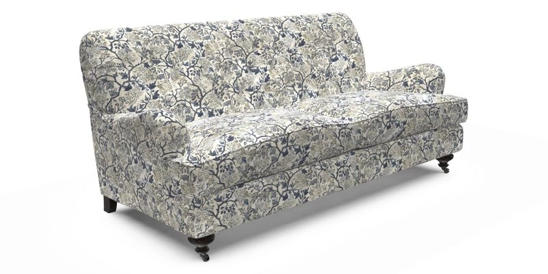 Chiddingfold 3 Seater Sofa in Omega Velvet Tawny Velvet and V&A Threads of India Regal Arabesque Flame with scatters in Sulawesi Splendour Jasper