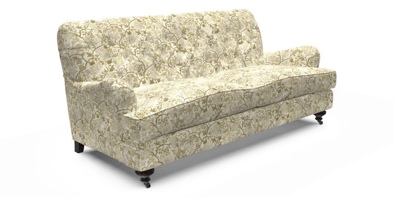 Chiddingfold 3 Seater Sofa in Omega Velvet Tawny Velvet and V&A Threads of India Regal Arabesque Flame with scatters in Sulawesi Splendour Jasper