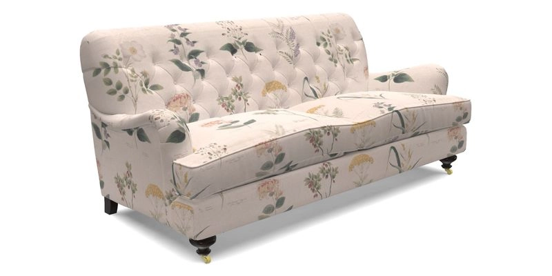 Chiddingfold 3 Seater Sofa in Omega Velvet Tawny Velvet and V&A Threads of India Regal Arabesque Flame with scatters in Sulawesi Splendour Jasper