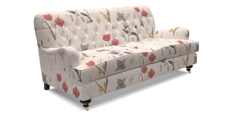 Chiddingfold 3 Seater Sofa in Omega Velvet Tawny Velvet and V&A Threads of India Regal Arabesque Flame with scatters in Sulawesi Splendour Jasper