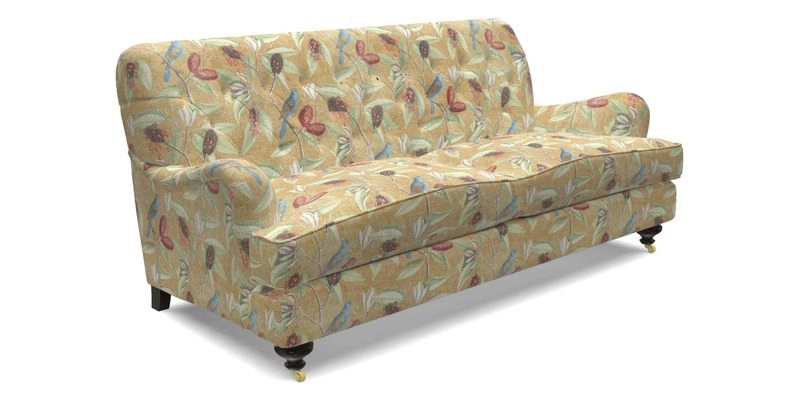 Chiddingfold 3 Seater Sofa in Omega Velvet Tawny Velvet and V&A Threads of India Regal Arabesque Flame with scatters in Sulawesi Splendour Jasper