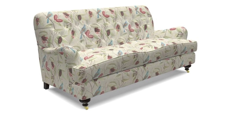 Chiddingfold 3 Seater Sofa in Omega Velvet Tawny Velvet and V&A Threads of India Regal Arabesque Flame with scatters in Sulawesi Splendour Jasper