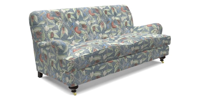 Chiddingfold 3 Seater Sofa in Omega Velvet Tawny Velvet and V&A Threads of India Regal Arabesque Flame with scatters in Sulawesi Splendour Jasper