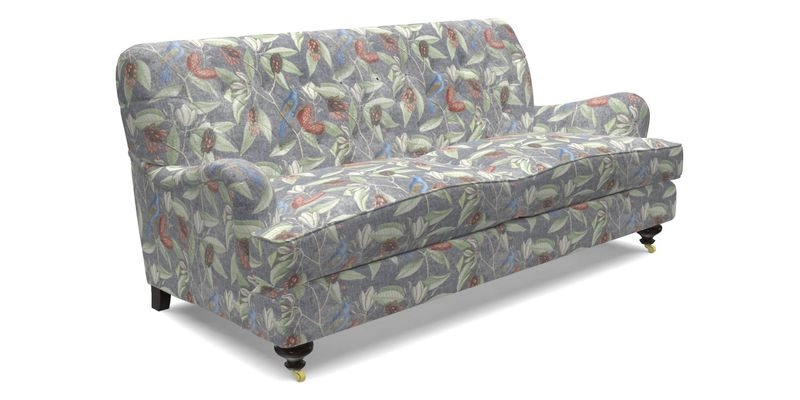 Chiddingfold 3 Seater Sofa in Omega Velvet Tawny Velvet and V&A Threads of India Regal Arabesque Flame with scatters in Sulawesi Splendour Jasper