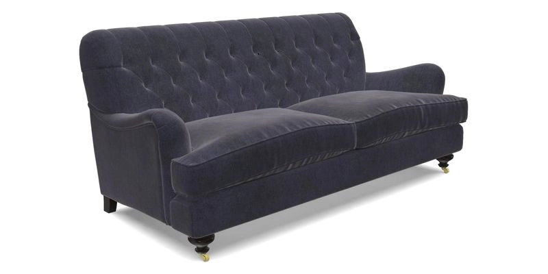 Chiddingfold 3 Seater Sofa in Omega Velvet Tawny Velvet and V&A Threads of India Regal Arabesque Flame with scatters in Sulawesi Splendour Jasper