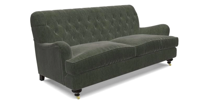 Chiddingfold 3 Seater Sofa in Omega Velvet Tawny Velvet and V&A Threads of India Regal Arabesque Flame with scatters in Sulawesi Splendour Jasper