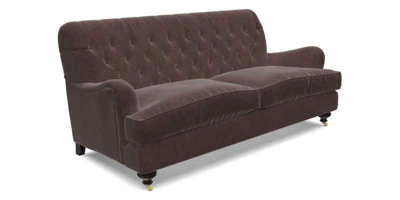 Chiddingfold 3 Seater Sofa in Omega Velvet Tawny Velvet and V&A Threads of India Regal Arabesque Flame with scatters in Sulawesi Splendour Jasper