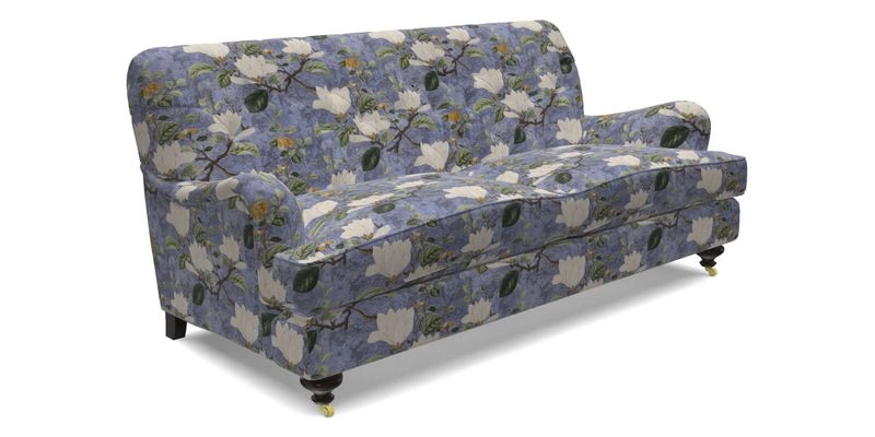 Chiddingfold 3 Seater Sofa in Omega Velvet Tawny Velvet and V&A Threads of India Regal Arabesque Flame with scatters in Sulawesi Splendour Jasper