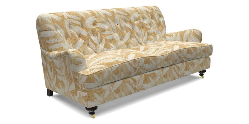 Chiddingfold 3 Seater Sofa in Omega Velvet Tawny Velvet and V&A Threads of India Regal Arabesque Flame with scatters in Sulawesi Splendour Jasper