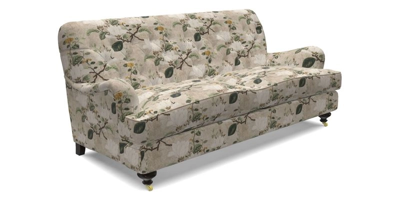 Chiddingfold 3 Seater Sofa in Omega Velvet Tawny Velvet and V&A Threads of India Regal Arabesque Flame with scatters in Sulawesi Splendour Jasper