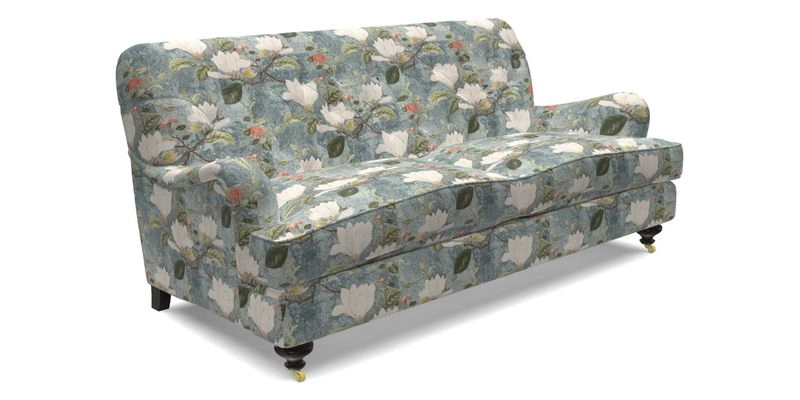 Chiddingfold 3 Seater Sofa in Omega Velvet Tawny Velvet and V&A Threads of India Regal Arabesque Flame with scatters in Sulawesi Splendour Jasper