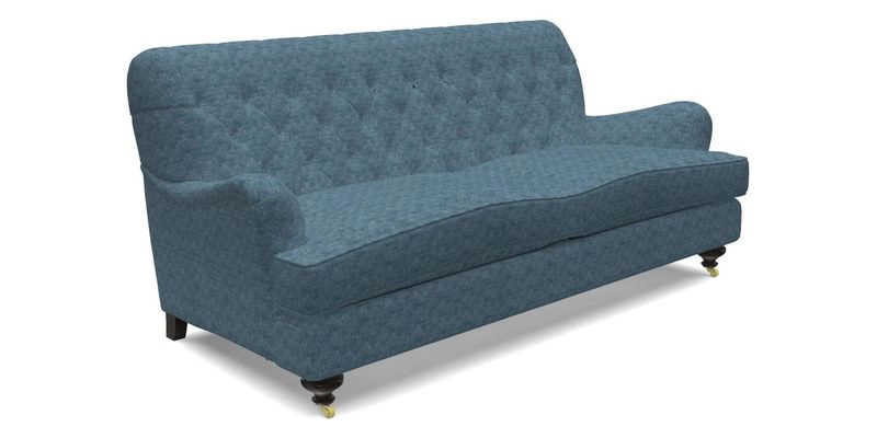 Chiddingfold 3 Seater Sofa in Omega Velvet Tawny Velvet and V&A Threads of India Regal Arabesque Flame with scatters in Sulawesi Splendour Jasper