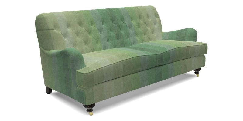 Chiddingfold 3 Seater Sofa in Omega Velvet Tawny Velvet and V&A Threads of India Regal Arabesque Flame with scatters in Sulawesi Splendour Jasper