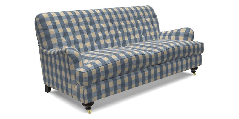 Chiddingfold 3 Seater Sofa in Omega Velvet Tawny Velvet and V&A Threads of India Regal Arabesque Flame with scatters in Sulawesi Splendour Jasper