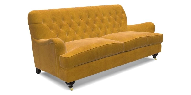 Chiddingfold 3 Seater Sofa in Omega Velvet Tawny Velvet and V&A Threads of India Regal Arabesque Flame with scatters in Sulawesi Splendour Jasper Chiddingfold 3 Seater Sofa in Omega Velvet Tawny Velvet and V&A Threads of India Regal Arabesque Flame with scatters in Sulawesi Splendour Jasper