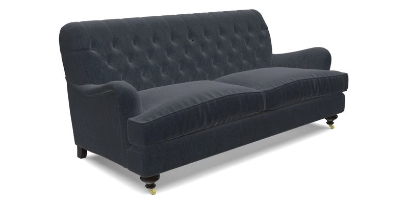 Chiddingfold 3 Seater Sofa in Omega Velvet Tawny Velvet and V&A Threads of India Regal Arabesque Flame with scatters in Sulawesi Splendour Jasper