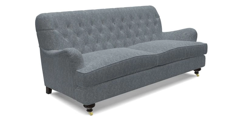 Chiddingfold 3 Seater Sofa in Omega Velvet Tawny Velvet and V&A Threads of India Regal Arabesque Flame with scatters in Sulawesi Splendour Jasper