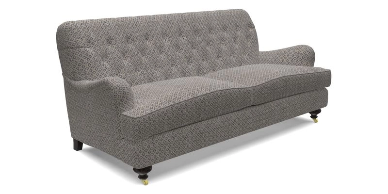 Chiddingfold 3 Seater Sofa in Omega Velvet Tawny Velvet and V&A Threads of India Regal Arabesque Flame with scatters in Sulawesi Splendour Jasper