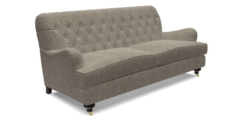 Chiddingfold 3 Seater Sofa in Omega Velvet Tawny Velvet and V&A Threads of India Regal Arabesque Flame with scatters in Sulawesi Splendour Jasper