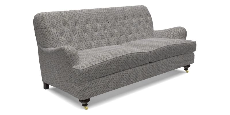 Chiddingfold 3 Seater Sofa in Omega Velvet Tawny Velvet and V&A Threads of India Regal Arabesque Flame with scatters in Sulawesi Splendour Jasper