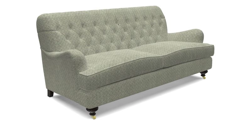 Chiddingfold 3 Seater Sofa in Omega Velvet Tawny Velvet and V&A Threads of India Regal Arabesque Flame with scatters in Sulawesi Splendour Jasper