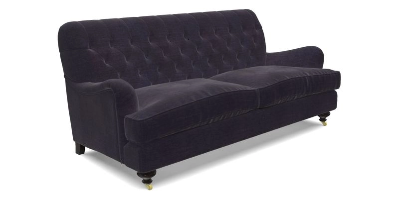 Chiddingfold 3 Seater Sofa in Omega Velvet Tawny Velvet and V&A Threads of India Regal Arabesque Flame with scatters in Sulawesi Splendour Jasper